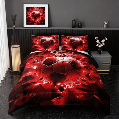 Nttopship Soccer Bedding Comforter Set Full Size for Kids Teens and Adults, Red and Black Football Printed Bedding Sets 3 PCS,Ball Sports Themed Bedroom Decor with 1 Comforter and 2 Pillowcases
