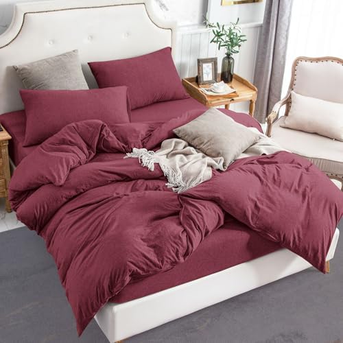 PURE ERA Jersey Knit Duvet Cover Set Heather Burgundy Red Queen