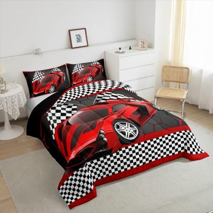 Feelyou Race Car Comforter Set for Kids Boys Black White Checkered Flag
