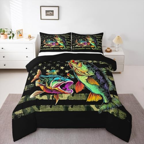 Castle Fairy Bass Fish Camouflage Comforter Set Twin,Pike Fish Camo Bedding Set for Women Men Room,Kids Farmhouse Fishing Decor Comforter Fishman Wild Quilt Set Down Comforter,Green Black
