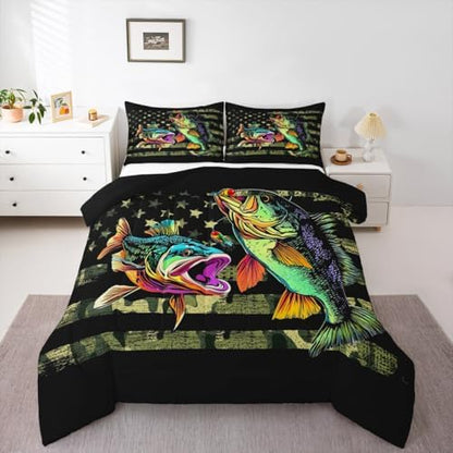 Castle Fairy Bass Fish Camouflage Comforter Set Twin,Pike Fish Camo Bedding Set for Women Men Room,Kids Farmhouse Fishing Decor Comforter Fishman Wild Quilt Set Down Comforter,Green Black