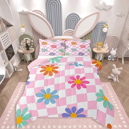 jejeloiu Cute Floral Comforter Set Full Size Pink White Checkerboard Bedding Set for Kids Boys Girls Colorful Daisy Duvet Quilt Plaid Grid Bedroom Decor Microfiber 3 Pcs with 2 Pillow Cases
