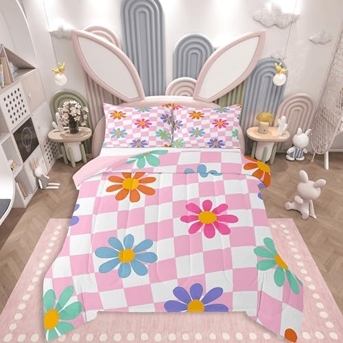 jejeloiu Cute Floral Comforter Set King Size Pink White Checkerboard Bedding Set for Kids Boys Girls Colorful Daisy Duvet Quilt Plaid Grid Bedroom Decor Microfiber 3 Pcs with 2 Pillow Cases
