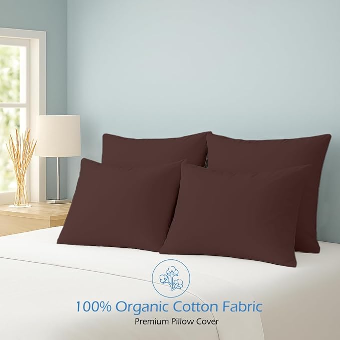 Comfort Beddings Standard Pillowcases Set of 4 – 100% Organic Cotton, 600 Thread Count Sateen, Soft & Comfy Pillow Covers with Envelope Closure, Brown, Standard Size 20 x 26 Inches