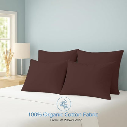 Comfort Beddings Standard Pillowcases Set of 4 – 100% Organic Cotton, 600 Thread Count Sateen, Soft & Comfy Pillow Covers with Envelope Closure, Brown, Standard Size 20 x 26 Inches