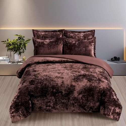 Fredsure Distressed Velvet Comforter Set, 5 Pieces Brown Queen, Distressed Velvet Face and Brushed Microfiber Reverse