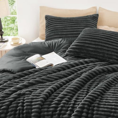 EXQ Home Fluffy Comforter Set King Size,3 Pieces Bed Set,Dark Grey