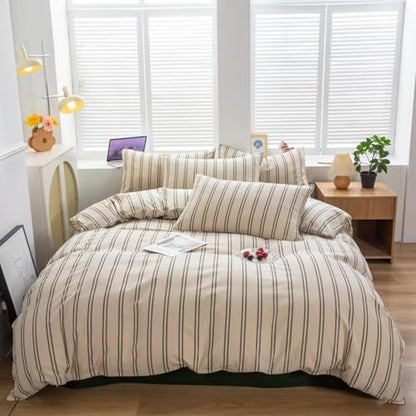 Mucalis Beige Duvet Cover King with Green Striped 100% Washed Cotton Duvet Cover Set Vintage 3 Piece Stripes Pattern Bedding Set with Zipper Closure Corner Ties,Durable,Breathable,Easy Care