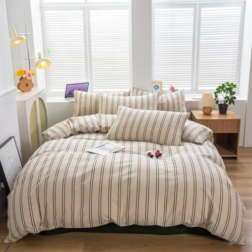 Mucalis Beige Duvet Cover Queen Size with Green Striped 100% Washed Cotton Duvet Cover Set Full Vintage 3 Piece Stripes Pattern Bedding Set with Zipper Closure Corner Ties,Durable,Breathable,Easy care
