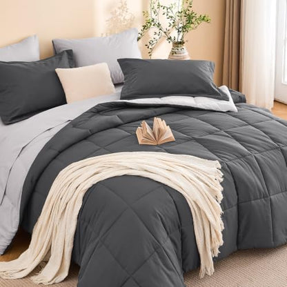 Queen Comforter Set with Sheets - 7 Pieces Bed in a Bag Grey Bedding Sets