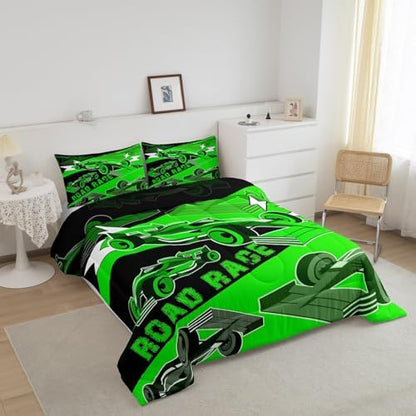 Erosebridal King Size Race Car Comforter Set for Boys Sports Car Bedding Set Cool Racing Car Bed Set for Boys Girls Kids Adult,Black Green Race Cars Gaming Bedding Sets Car Bedroom Decor 3Pcs