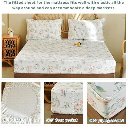 QSH Green Floral Egyptian Cotton Sheets King Size, Yellow Flowers Pattern Printed Bed Sheets Sets King Size Botanical Aesthetic Extra Soft and Breathable 17.5" Deep Pockets Bedding Sheets 4pcs