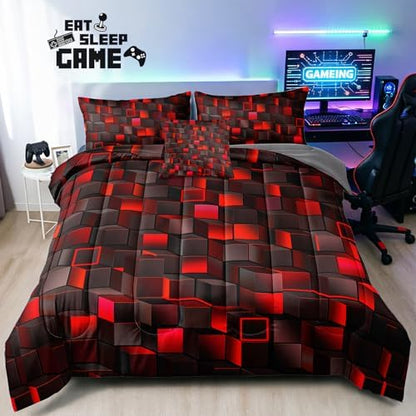 6 Piece Bed in a Bag 3D Block Comforter Set Full Size for Boys Kids Room Vibrant Red Green Gaming Block Bedding Set for Boys Girls Kids Teens Bedroom Decorative Full11