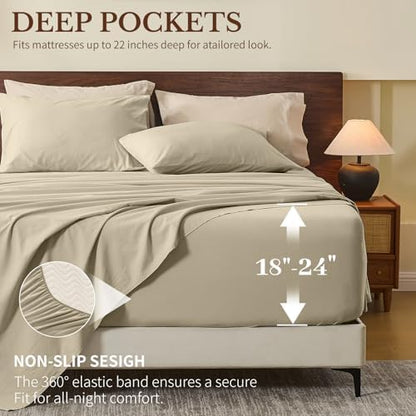 MEISHANG 100% French Linen Sheets Queen,6 Pcs,18-24" Extra Deep Pocket