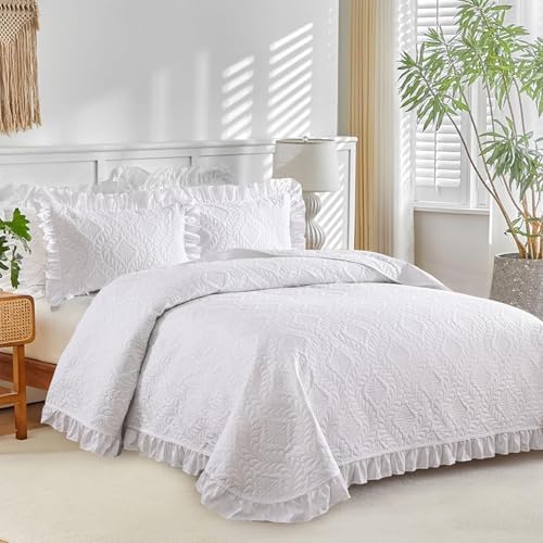 DJY King Size Quilt Sets, White Bedspreads, Ruffled Bedding Set