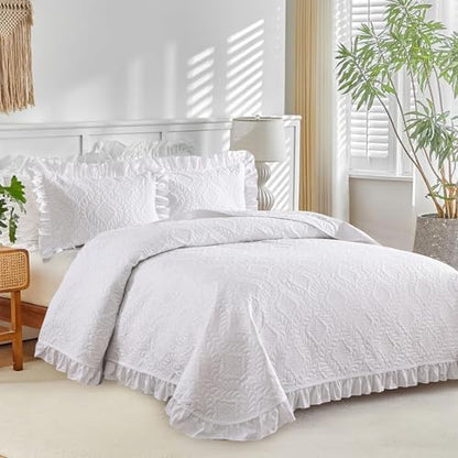 DJY Queen Size Quilt Sets, White Bedspreads, Ruffled Bedding Set