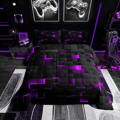 Erosebridal Black Purple Comforter Set Full Neon Geometric Checkered Bedding Set for Girls Teen Women,Tereoscopic Grids Comforter Square Plaid Quilt Duvet Room Decor 3 Pcs