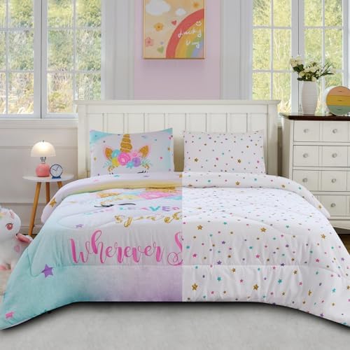 Cokouchyi Full Size Comforter Set for Girls, 6-Piece Bed in a Bag, 3D Colorful Unicorn Bedding Comforter Sheet Set, Ultra Soft and Fluffy, Pink & Rainbow Color