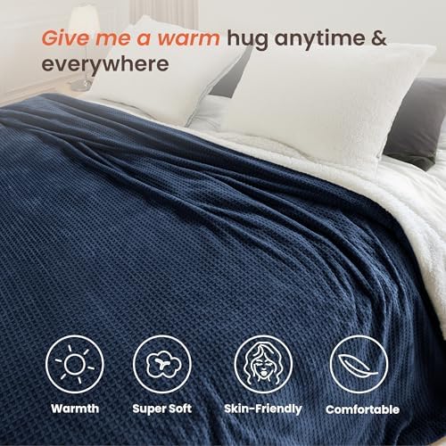 Heated Blanket Electric Blanket Queen Waffle,84x90 Inches Sherpa Fleece Fast Heating Blanket 6 Heating Levels & 10 Hours Auto Off ETL Certification, Navy Queen