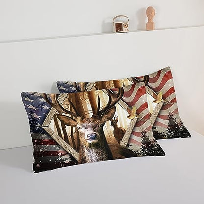 HOSIMA Hunting Bedding Sets 3Pcs Deer Comforter with 2 Pillowcases,Western Farmhouse Animal Hunting Stars Stripes USA Flag Full Size Comforter for Teen Boys Mens Bedroom Essentials RV Inside Decor.