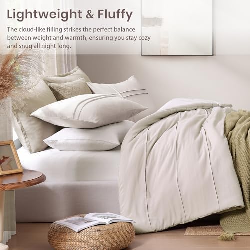 Beige Boho Twin XL Comforter Set, 2 Piece Pinch Pleat Boho Bedding Sets, Dorm Twin XL Comforter for College Girls Boys(Beige,66"*90")