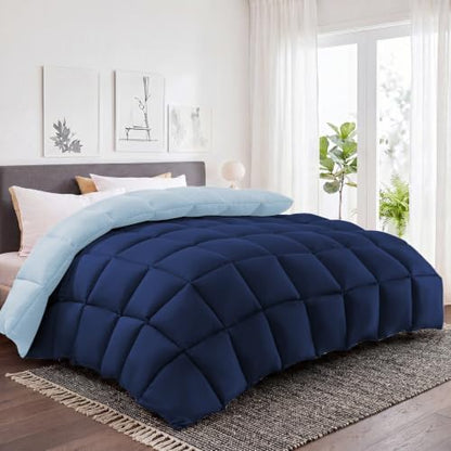 HYLEORY All Season Full Size Bed Comforter - Cooling Down Alternative Comforter Quilted Duvet Insert with Corner Tabs - Winter Warm - Machine Washable - Reversible Navy/Light Blue