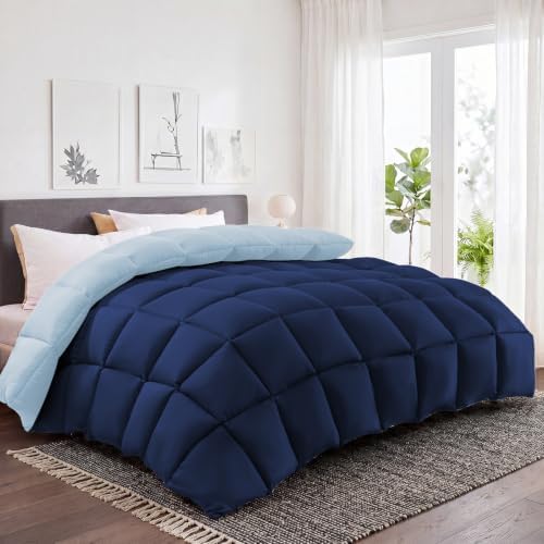 HYLEORY All Season California King Size Bed Comforter - Cooling Down Alternative Comforter Quilted Duvet Insert with Corner Tabs - Winter Warm - Machine Washable - Reversible Navy/Light Blue