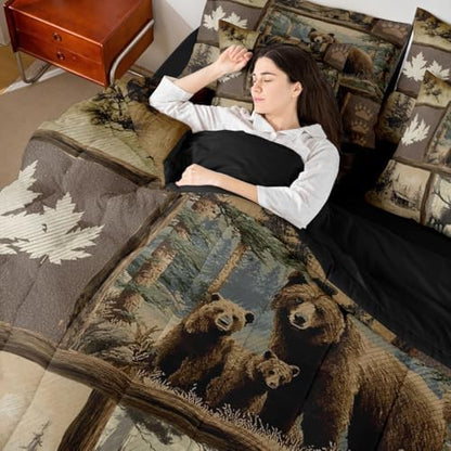 Erosebridal Grizzly Bear Deer Plaid 7 Piece Queen Comforter Set, Rustic Farmhouse Cabin Bedding Sets for Kids Boys Men,Country Maple Leaf Bed in a Bag with Sheets,Hunting Wildlife Theme Bed Set