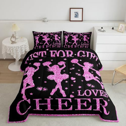 Just for Girl Loves Cheer Comforter Set King Teen Girls Cheer Sports Bedding Sets for Cheerleader Gifts,Pink Purple Glitter Sequins Quilt Duvet Love Hearts Star Decor Comforter Black Room Decor 3 Pcs
