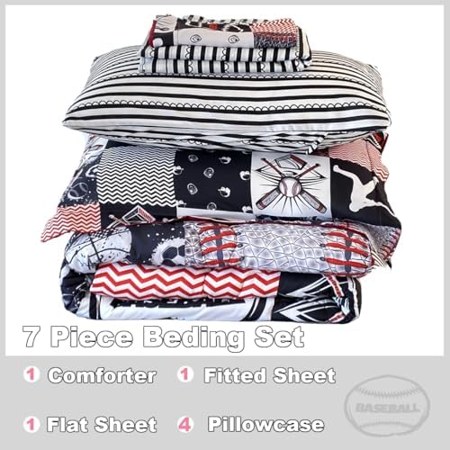 7 Piece Baseball Comforter Set Bed in A Bag Twin Size 3D Softball Sports Bedding Set for Boys Kids Microfiber Comforter All Season (1 Comforter, 1 Flat Sheet, 1 Fitted Sheet, 4 Pillowcase)