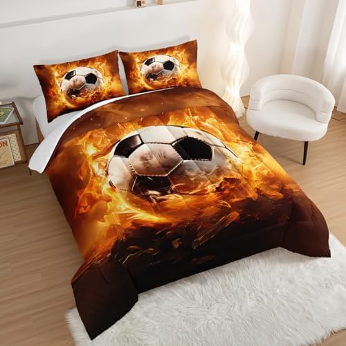Yellow Soccer Bedding Comforter Set Full Size with 2 Pillowcases.
