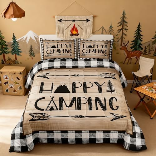Manfei Happy Camping Trip Comforter Set Twin,RV Trailer Car Bedding Set 2pcs for Kids Youths Boys Girls Room Decor,Arrow Plaid Boho Quilt Set,Vintage Rustic Brown Duvet Insert with 1 Pillowcase