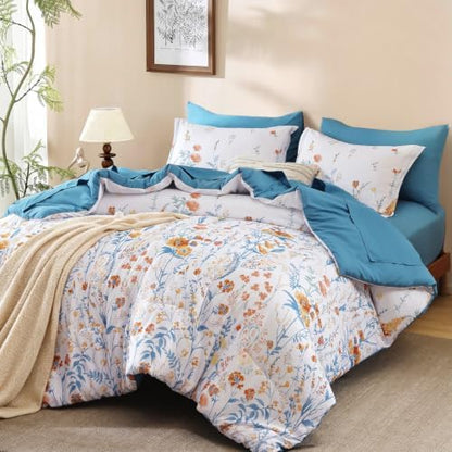 Teal Floral Comforter Set Full Size,7 Piece Cute Blue Bedding for Girls