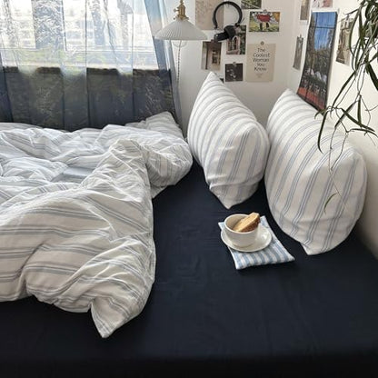 mixinni Vintage Blue & White Striped Duvet Cover Set - 3 Piece 100% Washed Cotton King Size Bedding | Minimalist Relaxed Style | Ultra Soft Breathable, with Zipper Closure & Corner Ties-King Size