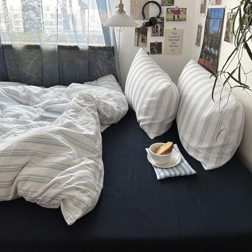mixinni Vintage Blue & White Striped Duvet Cover Set - 3 Piece 100% Washed Cotton Queen Size Bedding | Minimalist Relaxed Style | Ultra Soft Breathable, with Zipper Closure & Corner Ties-Queen Size
