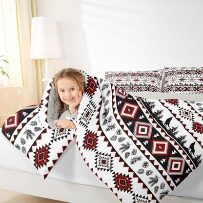 Manfei Aztec Geometric Kids Comforter Set Twin Size,Rustic Farmhouse Wolf Bedding Set for Boys Girls Room Decor,Pine Tree Country Quilt Comforter,Red Black Duvet Set Bedroom Quilt Set,1 Pillowcase