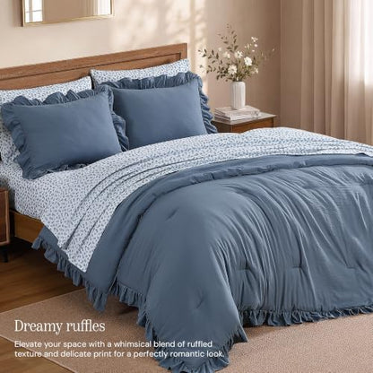 BLOOMHAVEN Full Size Comforter Sets-7 Pieces Ruffle Bedding Floral Sheet