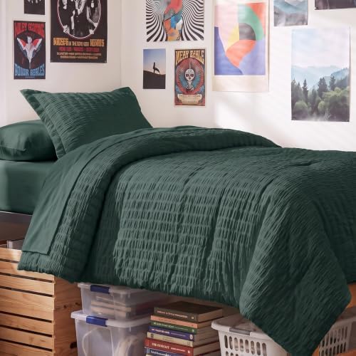 CozyLux Twin XL Comforter Set 5 Pieces Forest Green Seersucker Bed in a Bag