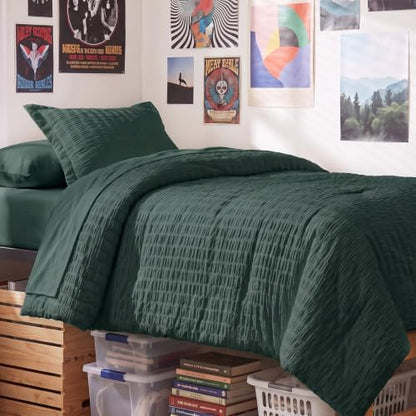 CozyLux Twin XL Comforter Set 5 Pieces Forest Green Seersucker Bed in a Bag