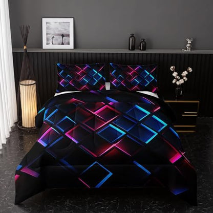 Nttopship Blue Black Geometric Comforter Set Queen Size 3D Stereoscopic Square Bedding Set Honeycomb Bedding Set 3 Piece Modern Style Geometry Decor,Microfiber LightweightWith 2 Pillowcases