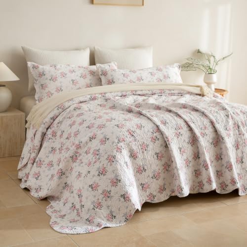 Lady Ann Cotton Floral Quilt Set, Vintage Oversized King Bedspread 120x120 for Extra Large Bed, Blush Pink Rose Pattern Printed Quilted Coverlet with Scalloped Edge, 3 Pcs Bedding Set
