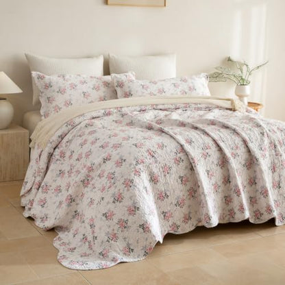 Lady Ann Cotton Floral Quilt Set, Vintage Oversized King Bedspread 120x120 for Extra Large Bed, Blush Pink Rose Pattern Printed Quilted Coverlet with Scalloped Edge, 3 Pcs Bedding Set