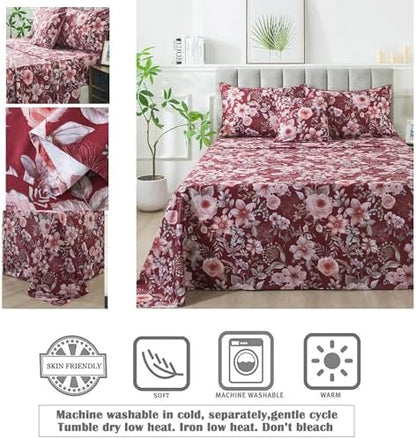 FADFAY Floral Sheets Set Twin XL Vintage Red Floral Bedding Shabby Pink Rose Elegant Peony Sheets Farmhouse Bedding 800 Thread Count 100% Egyptian Cotton Deep Pocket Fitted Sheet 4Pcs, Twin XL Size