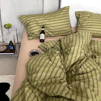 mixinni Vintage Mid-Century Striped Comforter Set Full - 3 Pieces 1 Fluffy Comforter&2 Pillowcases, Olive Green & Dark Brown Retro Striped Bed Set, All Season Lightweight & Breathable-Full Size