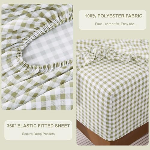 Gingham King Sheet Set, Lightweight Super Soft Brushed Microfiber Plaid Bed Sheets with 16" Deep Pocket, 4 Piece Ruffle Farmhouse Bedroom Decor, Sage Green