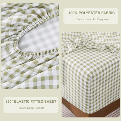 Gingham King Sheet Set, Lightweight Super Soft Brushed Microfiber Plaid Bed Sheets with 16" Deep Pocket, 4 Piece Ruffle Farmhouse Bedroom Decor, Sage Green