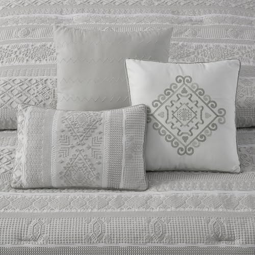 LANCO MODERN LIFESTYLE 7 Piece Queen Comforter Set, Grey, Elegant Jacquard with Patchwork, Stylish and Cozy Bedding Collection, Premium Bedding Set with Bedskirt, Shams and Pillows
