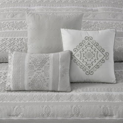 LANCO MODERN LIFESTYLE 7 Piece Queen Comforter Set, Grey, Elegant Jacquard with Patchwork, Stylish and Cozy Bedding Collection, Premium Bedding Set with Bedskirt, Shams and Pillows