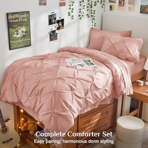 JOLLYVOGUE Twin Comforter Set 5 Pieces - Bed in a Bag Twin for All Season, Pintuck Bedding Comforter Sets with Comforter, Flat Sheet, Fitted Sheet and Pillowcases & Shams, Rose Brown