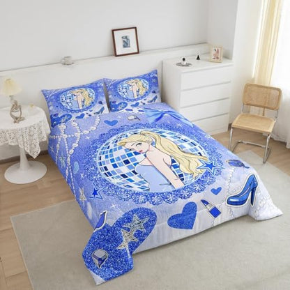 Princess Girly Kids Comforter Set Queen Size,Bowknot High-heeled Shoes Lip Dreamy Bedding Set,Girls Women Room Decor,Glitter Sequin Star Diamond Down Comforter,Blue Noble Duvet Insert,2 Pillowcases
